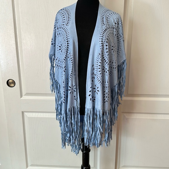 Choies Sweaters - Blue Faux Suede Cutout Fringe Shawl